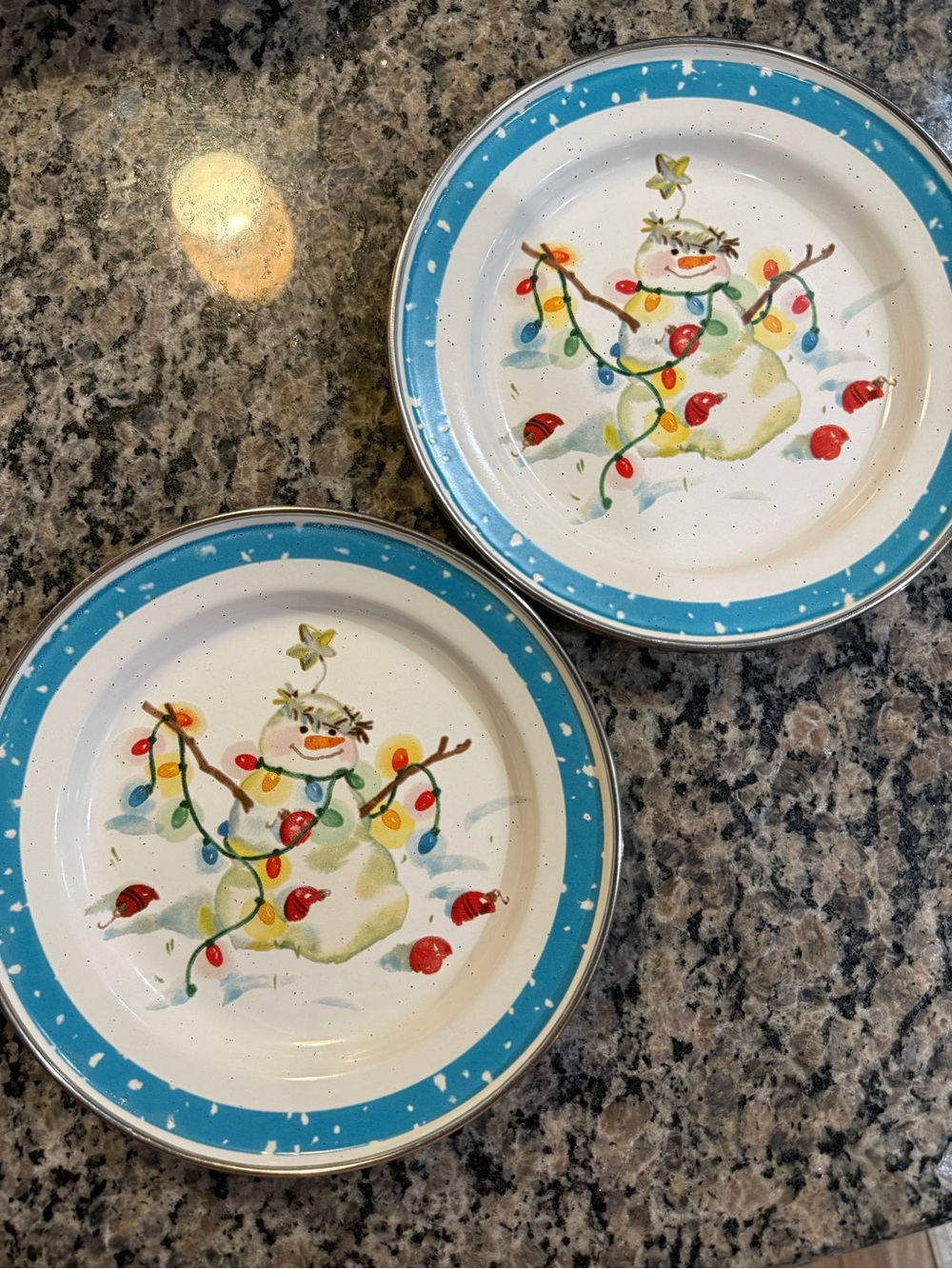 Hallmark Snowman Dinner Plates — Blue Trim with Multicolor Lights (Pair)